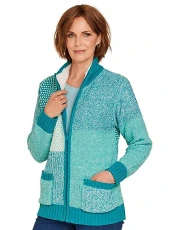 Ladies | Patchwork Fleece Trim Cardigan | Teal