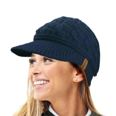 Ladies Peaked Cable Knit Warm R80 Teddy Fleece Lined Beanie Winter Hat Cap-Navy