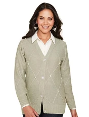 Ladies | Pearl Trim Diamond Design Cardigan | Soft Green