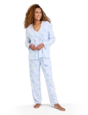 | Ladies | Pintuck Front Jersey Pyjama Set | V-Neck Long Sleeve Button Placket Top & Elasticated Waist Bottoms | Cosy Cotton-Blend Nightwear | Blue