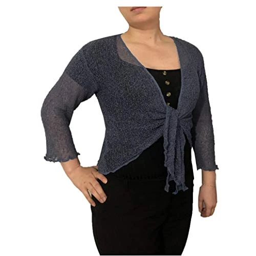 Ladies Plain Knitted Cropped TIE UP Bolero Shrug TOP - Massive FIT (Denim)