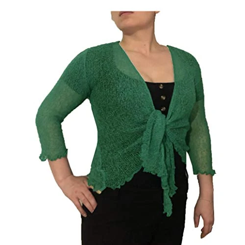 Ladies Plain Knitted Cropped TIE UP Bolero Shrug TOP - Massive FIT (Forest Green)