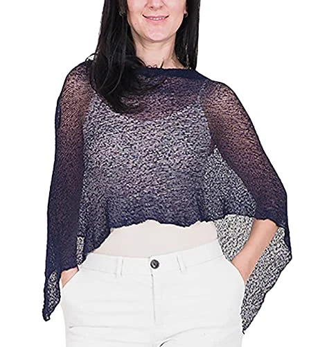 Ladies Plain Stretch Lace Fish Net Bali Crochet Batwing Small Poncho (One Size, Navy)