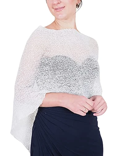 Ladies Plain Stretch Lace Fish Net Bali Crochet Batwing Small Poncho (One Size, White)