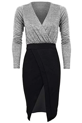 Ladies Plunge V Neck Wrap Glitter Heather Lined Lurex Split Midi Bodycon Dress [Silver, UK 10]