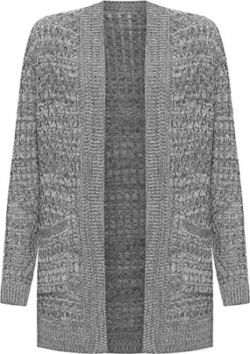 Ladies Plus Cable Knitted Open Pocket Cardigan Chunky Long Sleeve Granddad Grey