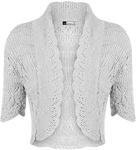 Ladies Plus Crochet Knitted Short Sleeve Bolero Cardigan Top Shrug Sizes 8-22 Light Grey