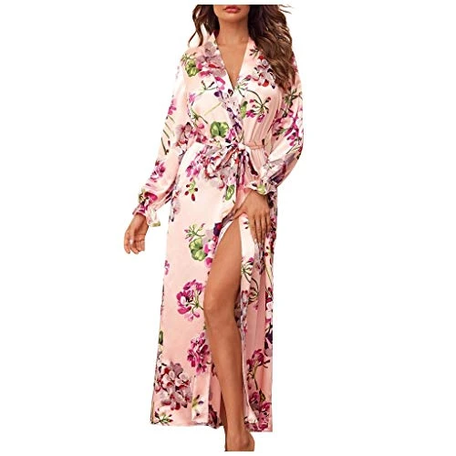 Ladies Plus Size Satin Kimono Robe Sexy Floral Print Dressing Gown Pajamas Silk Wedding Sleepwear Bathrobe S-4XL