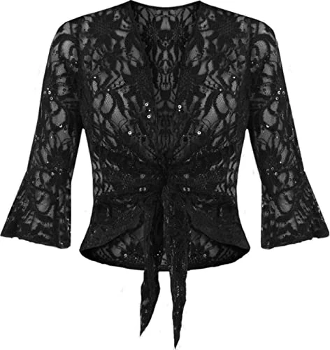 Ladies Plus Womens Sequin Lace Tie Up 3/4 Bell Sleeve Bolero Crochet Party Shrug Cardigan Size 12-26