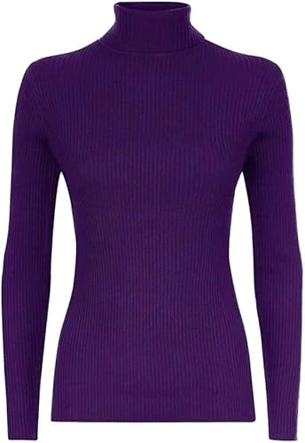 Ladies Polo Roll Neck Long Sleeve Turtle Neck Plain Jumpers, Women Ribbed Cotton Highneck Pull Over Winter Cloths Stretch Sweatshirt T-Shirts Top Sweaters UK Plus Size, Purple, S-M