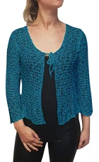 Ladies Popcorn Style Crochet Plain Stretch Fish Net Tie at Waist Bolero Shrug Open Cardigan (One Size, Turquoise Cardigan)