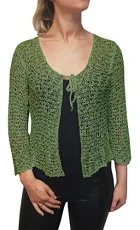 Ladies Popcorn Style Crochet Plain Stretch Fish Net Tie at Waist Bolero Shrug Open Cardigan (One Size, Sage Green Cardigan)