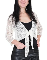 Ladies Popcorn Style Crochet Plain Stretch Fish Net Tie at Waist Bolero Shrug Open Cardigan (One Size, Ivory)