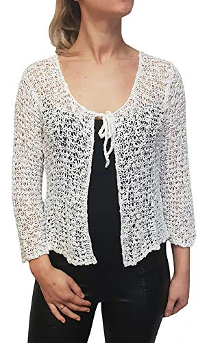 Ladies Popcorn Style Crochet Plain Stretch Fish Net Tie at Waist Bolero Shrug Open Cardigan (One Siz