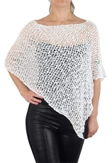 Ladies Popcorn Style Plain Stretch Fish Net Crochet Batwing Small Poncho (One Size, White)