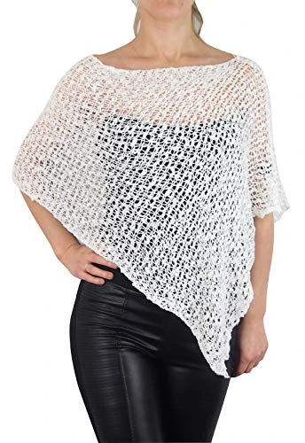 Ladies Popcorn Style Plain Stretch Fish Net Crochet Batwing Small Poncho (One Size, White)