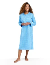 | Ladies | Print Frill Neck Nightdress | Long Sleeve Button Front Cotton Nightie with Pintuck and Frill Details | Floral Print Sleepwear | Blue