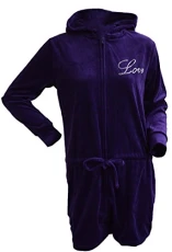 ® Ladies Purple Velour Diamante love Motif Short Hooded Onesie 18/20