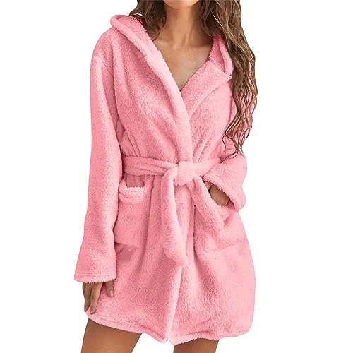 Ladies Pyjamas Women Hooded Fleece Bathrobes Lightweight Soft Plush Flannel Sleepwear Fleece Hooded Bathrobe Plush Short Soft Robe Long Sleeve Womens Pyjamas Bottoms Sale Clearance Travel Essentials