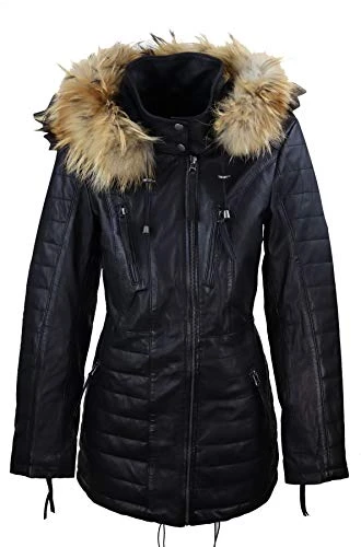 Ladies Real Leather Black Trench Mid Length Hood Winter Retro Jacket - Black 4XL - 22