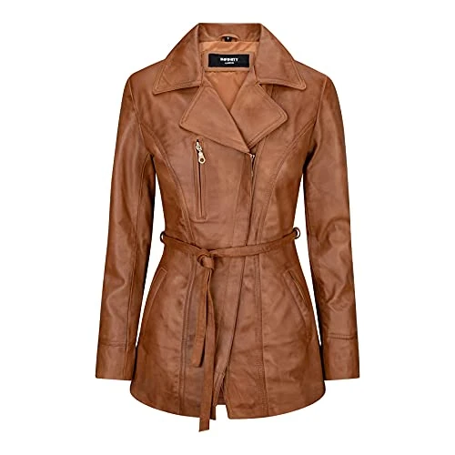 Ladies Real Leather Mid Length Retro Tan Leather Jacket - tan 5XL