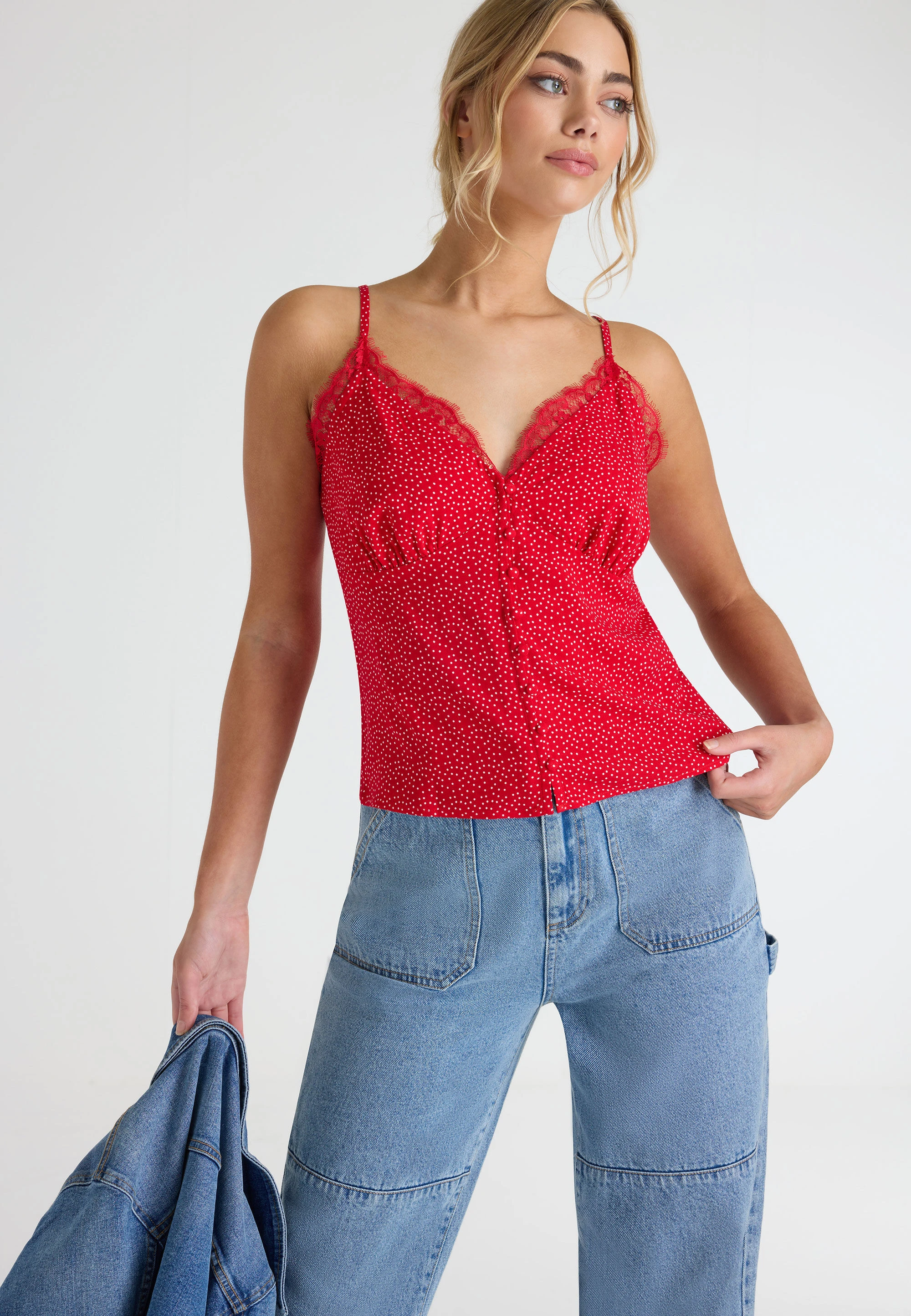 Ladies Red Polka Dot Print Lace Trim Cami Top