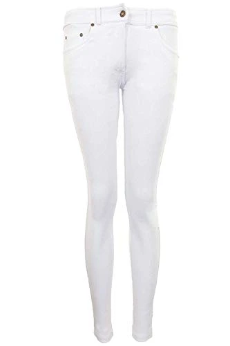 Ladies Regular Stretch Plain Zipper Button Skinny Slim Fit Jeggings Trousers [White, XL]