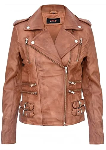 Ladies Retro 100% Nappa Real Leather Biker Jacket Tan Soft Multi Zip Short Coat (as8, alpha, x_l, re