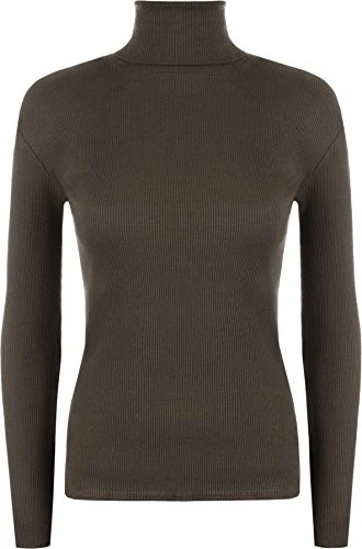 Ladies Ribbed Stretch Polo Neck Top Womens - Dark Brown - 12/14