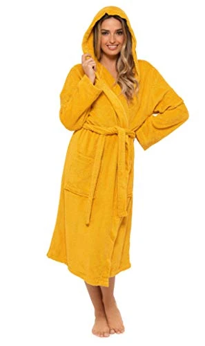 Ladies Robe Terry Towelling Cotton Dressing Gown Bathrobe Highly Absorbent Women (L, Mustard)