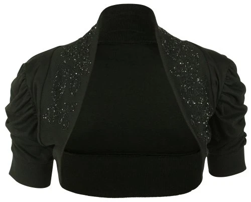 Ladies Ruched Short Sleeve Bead Stretch Bolero Shrug Womens Crop Cardigan Top Black Size 8 - 10