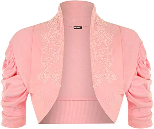 Ladies Ruched Shrug Womens Beaded Design Short Sleeve Bolero Cardigan Top Pink 12/14