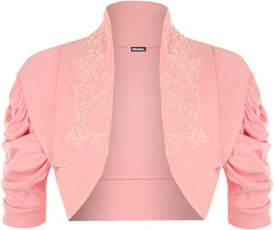 Ladies Ruched Shrug Womens Beaded Design Short Sleeve Bolero Cardigan Top Pink 12/14