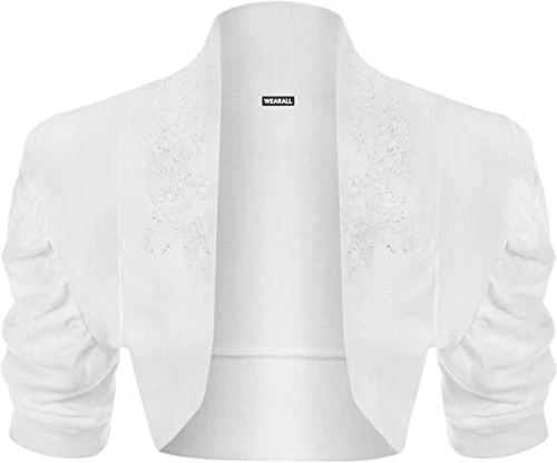 Ladies Ruched Shrug Womens Beaded Design Short Sleeve Bolero Cardigan Top White 12/14