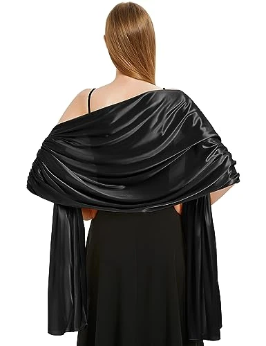 Ladies Satin Scarf Wedding Shawls and Wraps Womens Silky Scarf Lightweight Evening Party Dresses Bride Bridemaid Scarf, Black, One Size