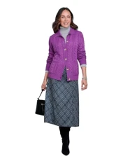 Ladies | Scallop Edge Cable Knit Cardigan | Button-Through Collared Design with Front Pockets | Elegant Knitted Sweater | Violet