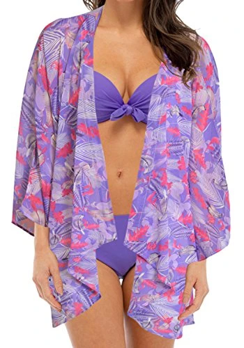 Ladies Semi-Sheer Floral Kimono Wrap Top Purple Small