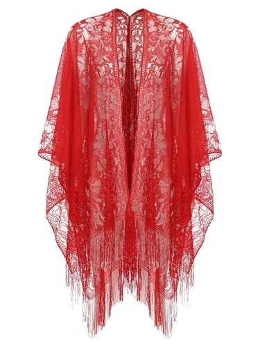 Ladies Shawl Hollow Out Floral Lace Shawl Wrap Poncho Summer Sexy Shawl Beach Kimono Cardigan Red On