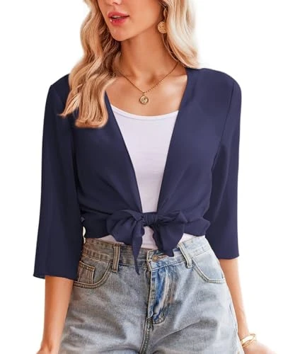 Ladies Sheer Bolero Chiffon Cardigans Thin Tie Up Shrugs Open Front Cropped Bolero Jackets Wedding Bolero Shrug for Evening Dresses Navy