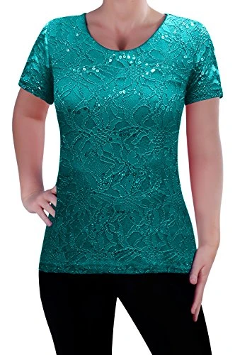 - Ladies Short Sleeve Floral Lace Tops Womens Blouse Shirt Medium Jade Green