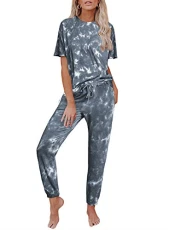Ladies Short Sleeve Pajama Set with Elastic Waist Shorts Pants Tie Dye Print 2 Piece Sleepwear Loungewear Top and Bottoms Summer Pyjamas for Women (12, B Dark Blue)