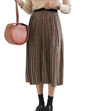 Ladies Skirt High Waist Slim Fit Fashion Casual Lattice Retro Pleated Skirt Long Skirt Khaki