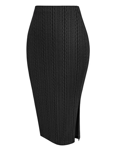 Ladies Skirts Below Knee Elastic Waist Pencil Skirts Midi Business Pencil Skirt with Slit Casual Skirts Pull on Black
