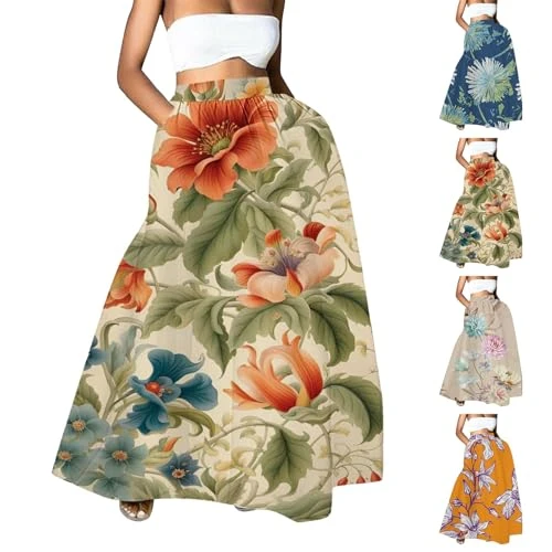 Ladies Skirts Elasticated Waist Floral Printed Tunic Half Bodies Dress Women's Skirt Gypsy Skirt with Pocket Long Hem Womens Summer Long Wrap Boho Pleated Skirts(A3 Khaki,S)