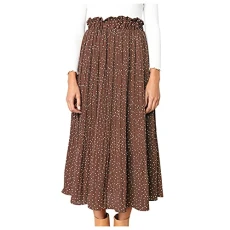 Ladies Skirts Elasticated Waist Women Summer Fashion Polka Dot Flowy Pleated Skirt Casual Vacation Beach Skirt Brown