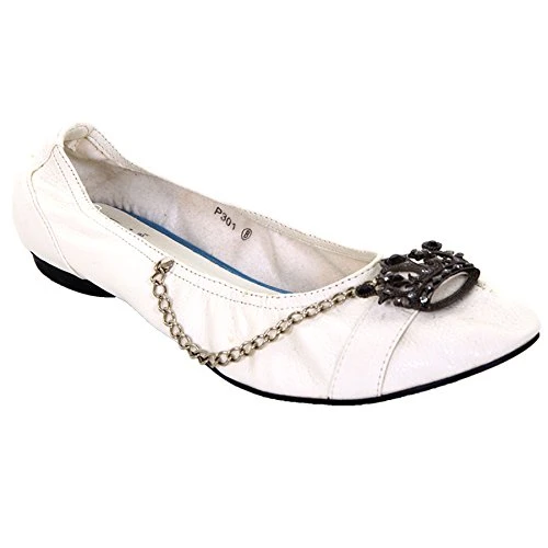 Ladies Slip On Jewelled Crown Chain White PU Leather Women's Flats Shoes [White, UK 4]