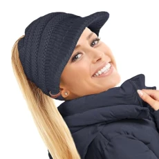 Ladies Slouchy Peaked Ponytail Messy Bun Beanie Hat Cap-Navy
