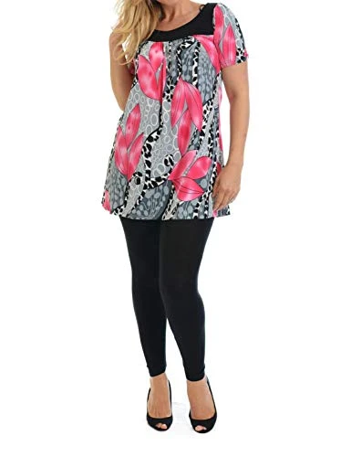 Ladies Smock Floral Print Shirt Short Short Sleeves Women Scoop Neckline Top Plus Size Cerise 20