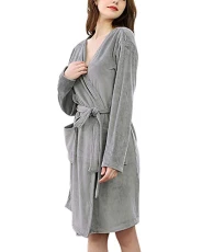 Ladies Soft Dressing Gown Plain Warm Bath Robes Kimono Collar Sleepwear Loungwear Light Grey M