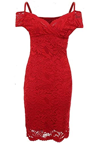 Ladies Strappy Bardot Off Shoulder Wrap V Neck Floral Lace Lined Bodycon Dress [Red, UK 8]
